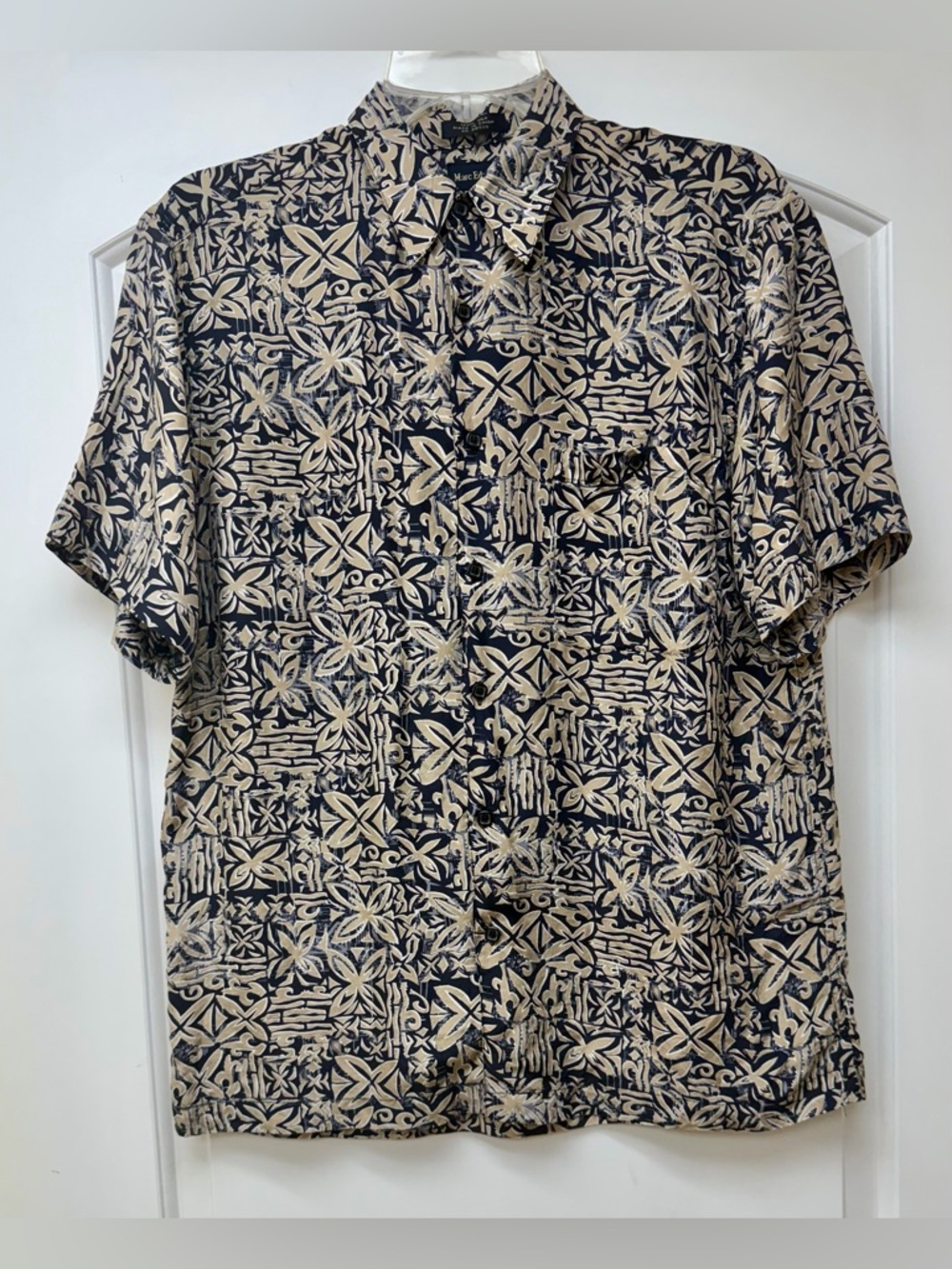 308: Marc Edwards Navy & Beige Geometric Floral Short-Sleeve Button-Up - Medium